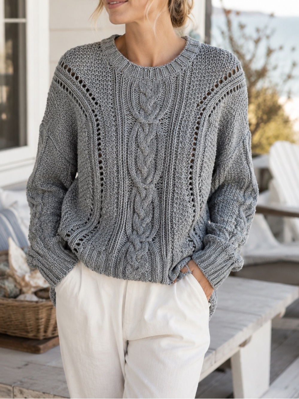 Vince XS Gray Hand Knit Chunky Cable Knit Cotton Blend Sweater Open Knit Cozy